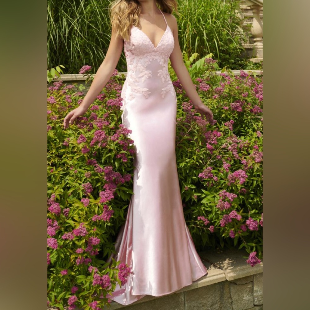 Faviana Lace-Applique Long Prom Dress